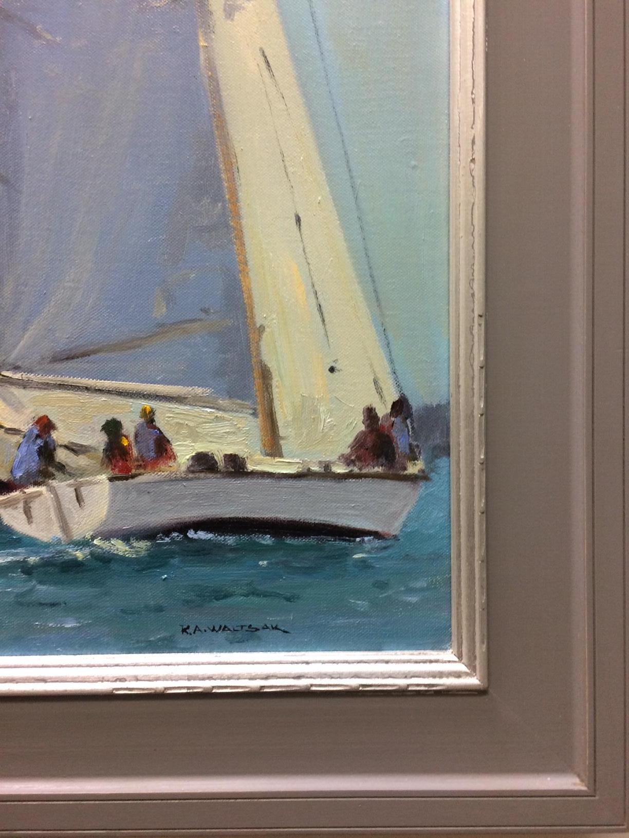 And the races are underway, the crew clutching the lines with expertise, the sun beating down as the sails catch the wind.  The clear blue sky meets the equally blue calm waters making this one a regatta to remember!  Artist Robert Waltsak creates