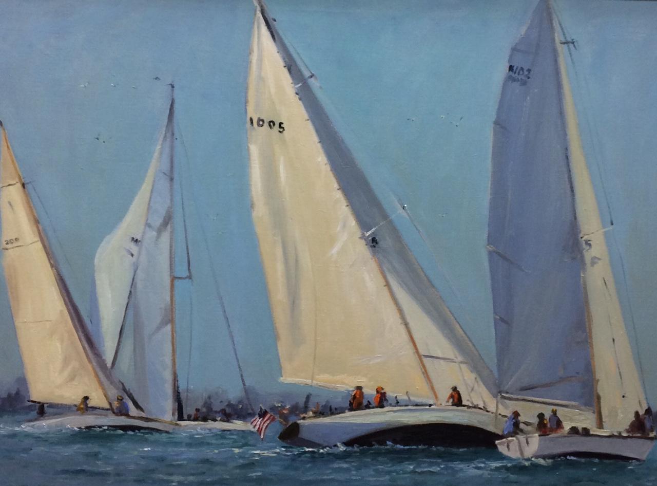 The Races, original 30x40 impressionist marine landscape - Painting by Robert Waltsak