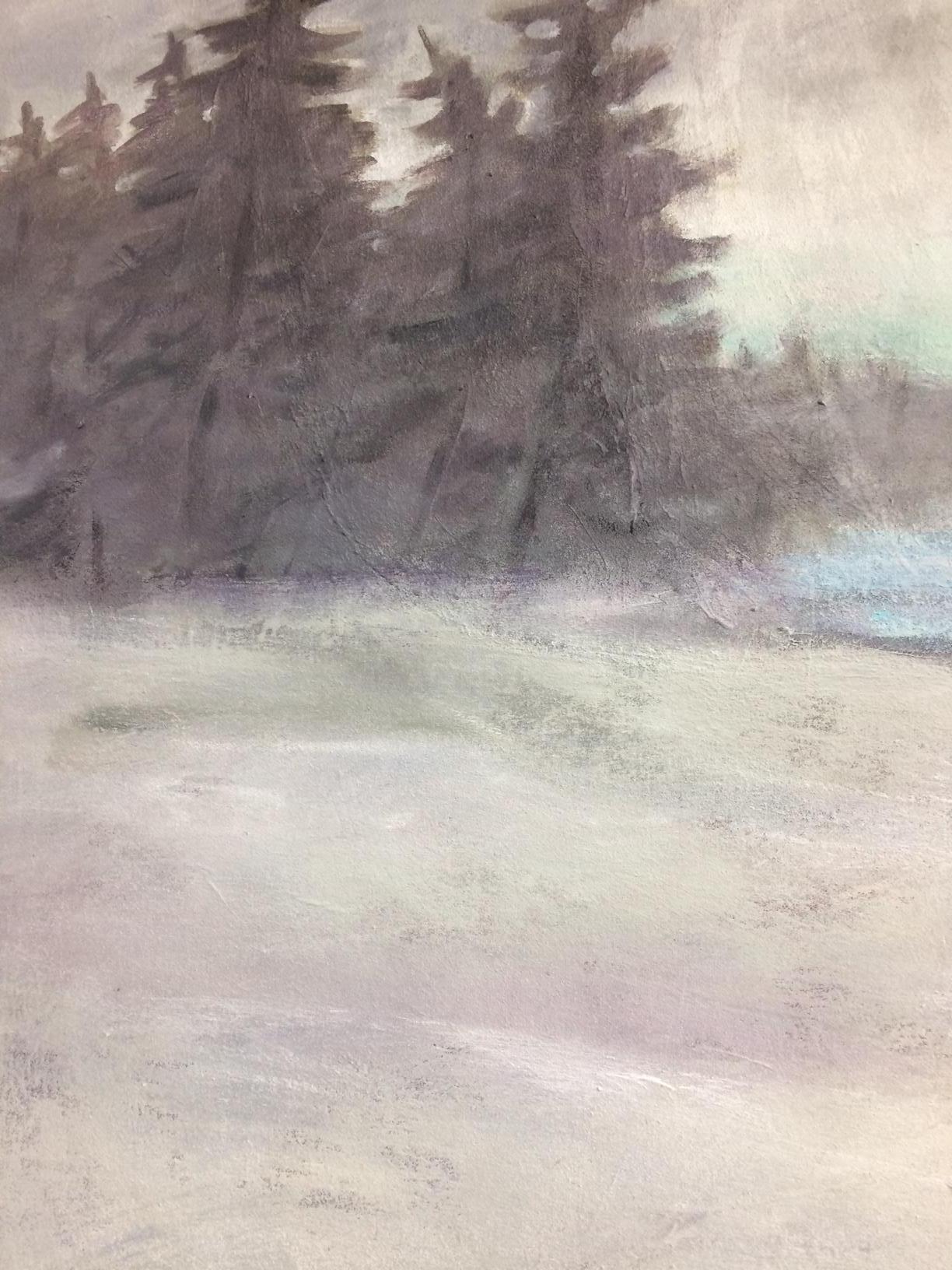 Feel the mystique of a cove abstracted with the wonder of it's surrounding in contemporary yet natural shades of taupe, gray, beige and white with pops of baby blue.  The evergreens in the far reaches of this 40x40 original mixed media work of art,