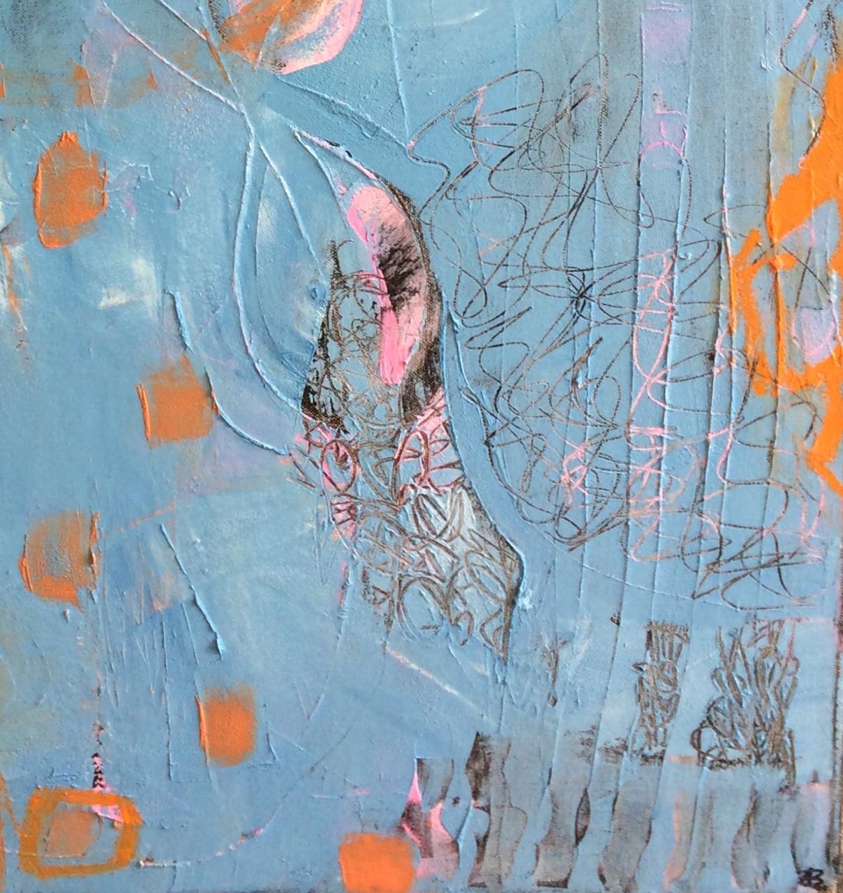 The vibrant colors of echinacea flowers in bloom with orange, red, black, fuchsia, spiral throughout this vertical, dynamic abstract oil painting, blending into an aqua sky. The cold wax additive adds an unusual depth to the oil paints and