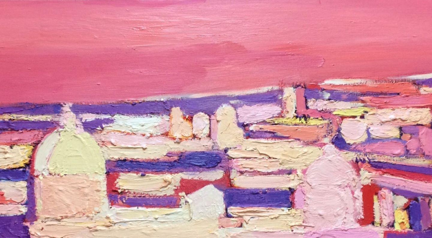 Rome Sunrise, original 20x60 abstract contemporary Italian landscape - Abstract Painting by Armine Bozhko
