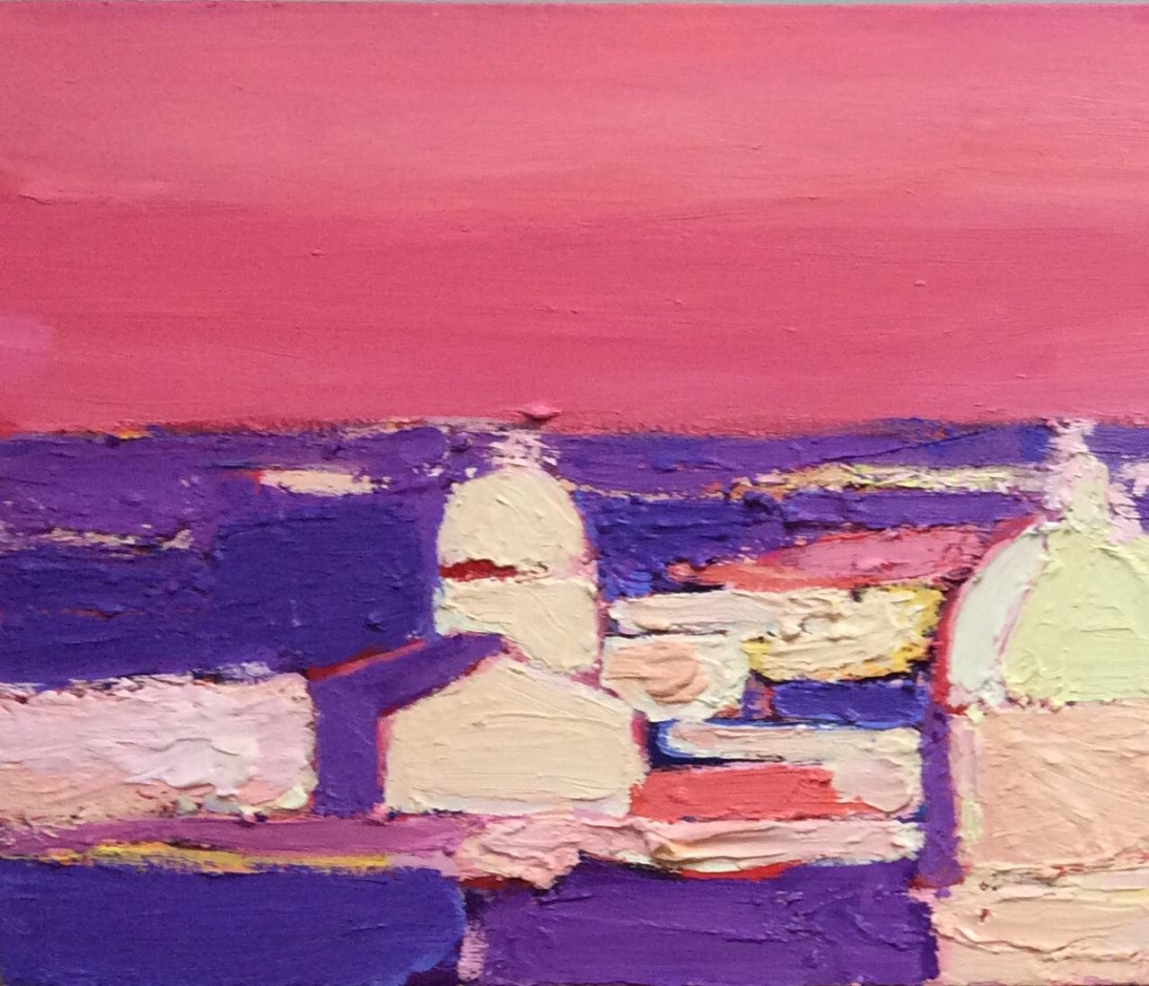 Rome Sunrise, original 20x60 abstract contemporary Italian landscape - Pink Abstract Painting by Armine Bozhko