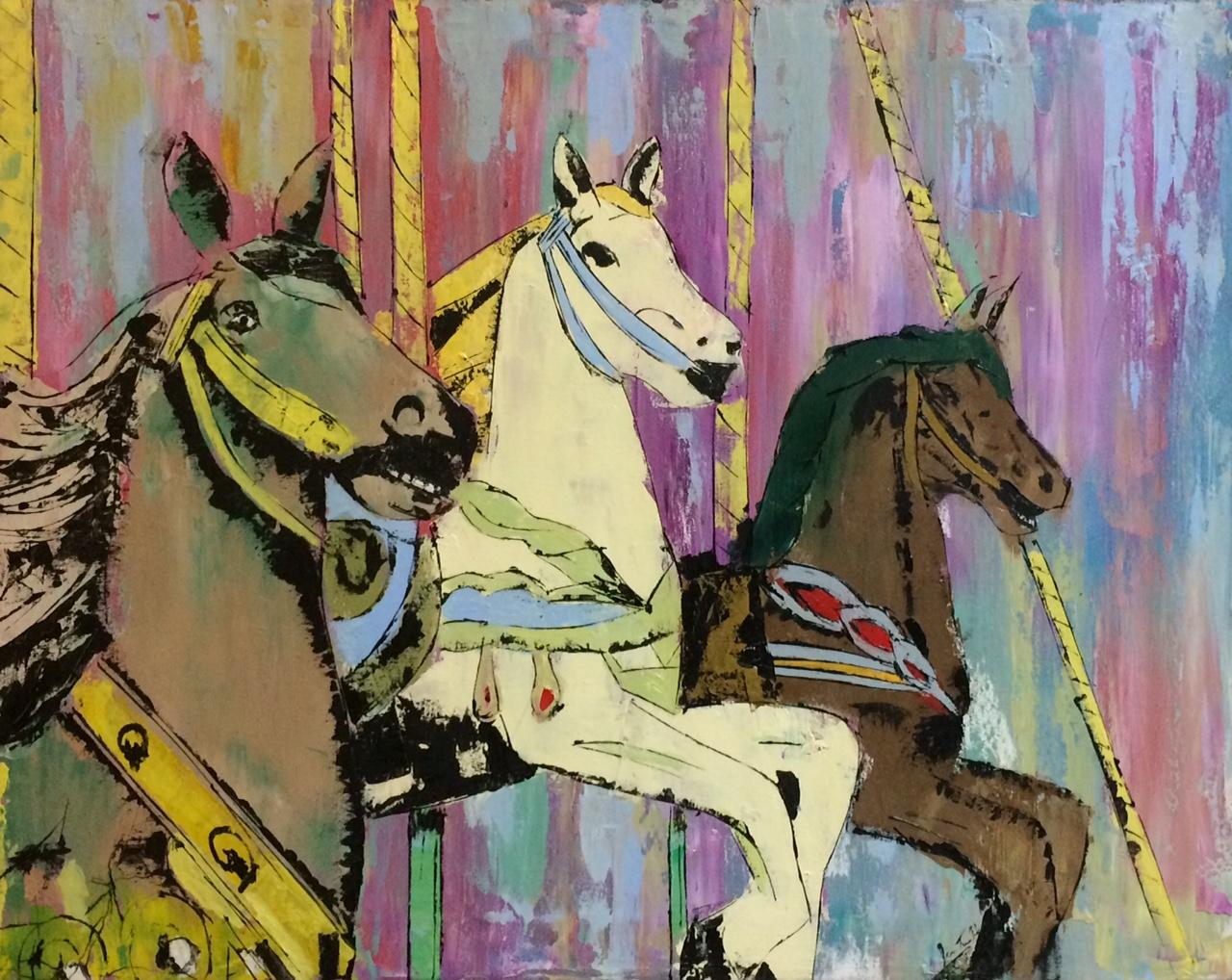 Asbury Park Carousel Horses,  original pop art landscape - Painting by Jim Twerell