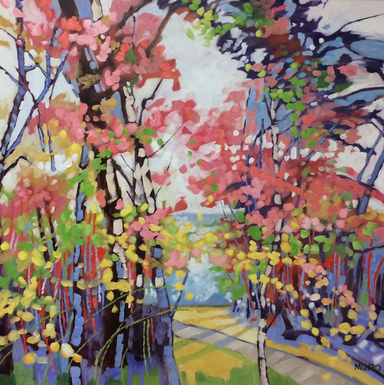 Lake Walk, original 36x36 abstract expressionist landscape - Painting by Judy Munro