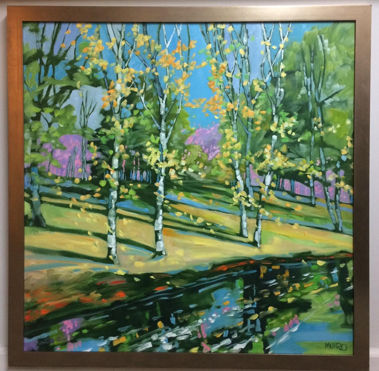 Judy Munro Landscape Painting - Riverbank Birches, original 36x36 abstract expressionist landscape