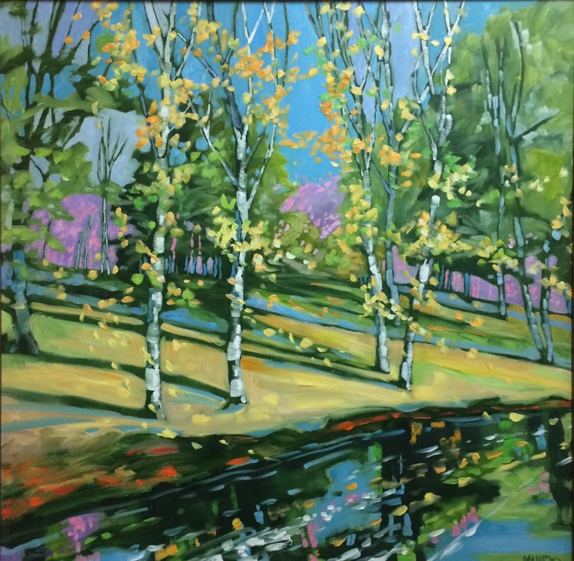 Riverbank Birches, original 36x36 abstract expressionist landscape - Painting by Judy Munro