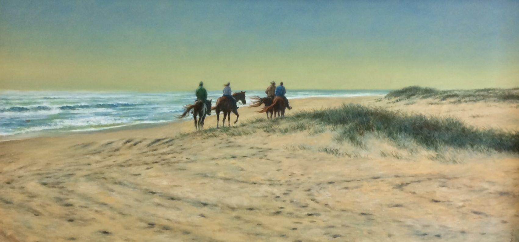 Beach Riders, original 24x48 realistic landscape  - Painting by Barry DeBaun