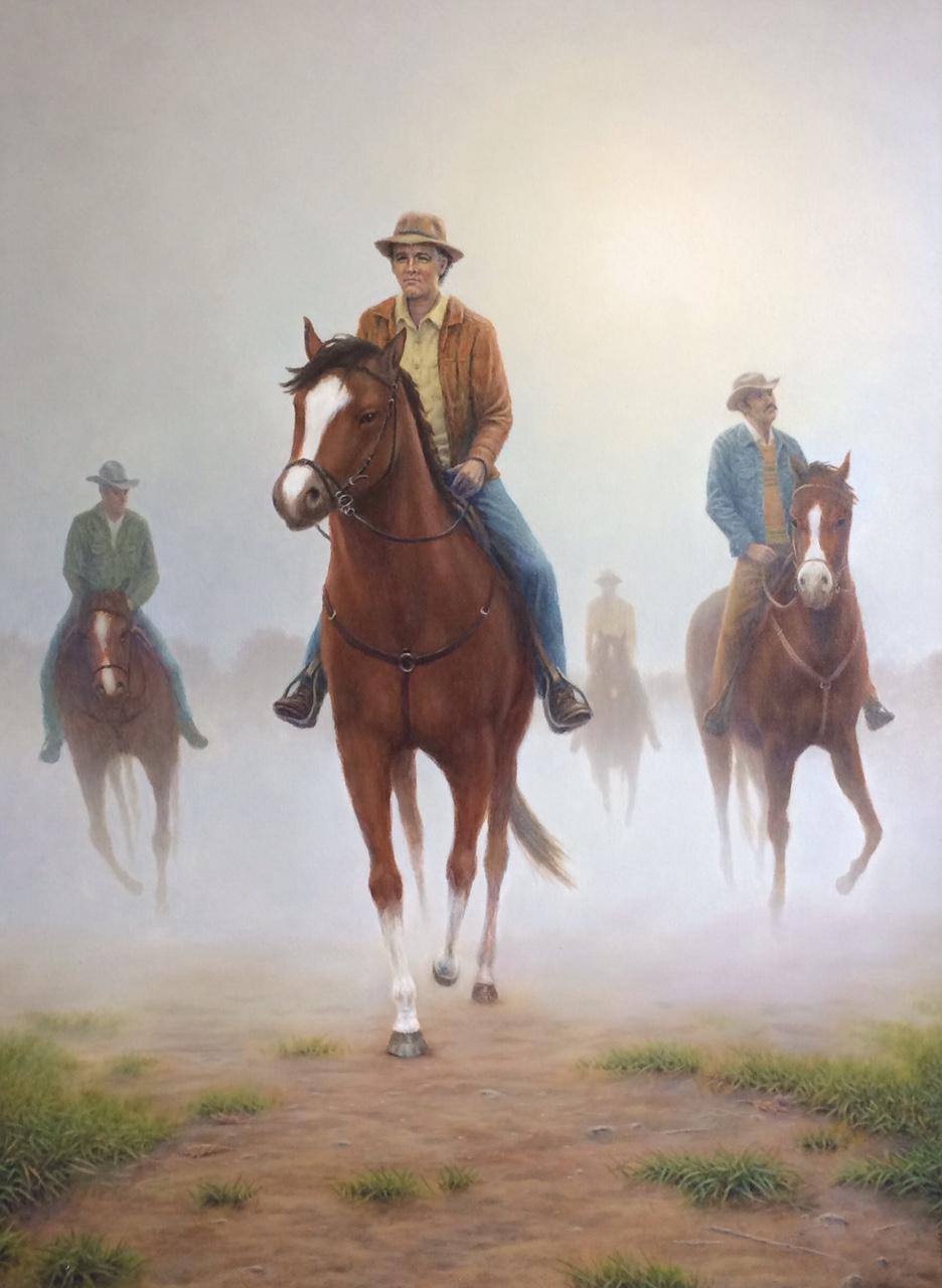 The Horsemen, original 40x30 realistic equestrian landscape - Painting by Barry DeBaun
