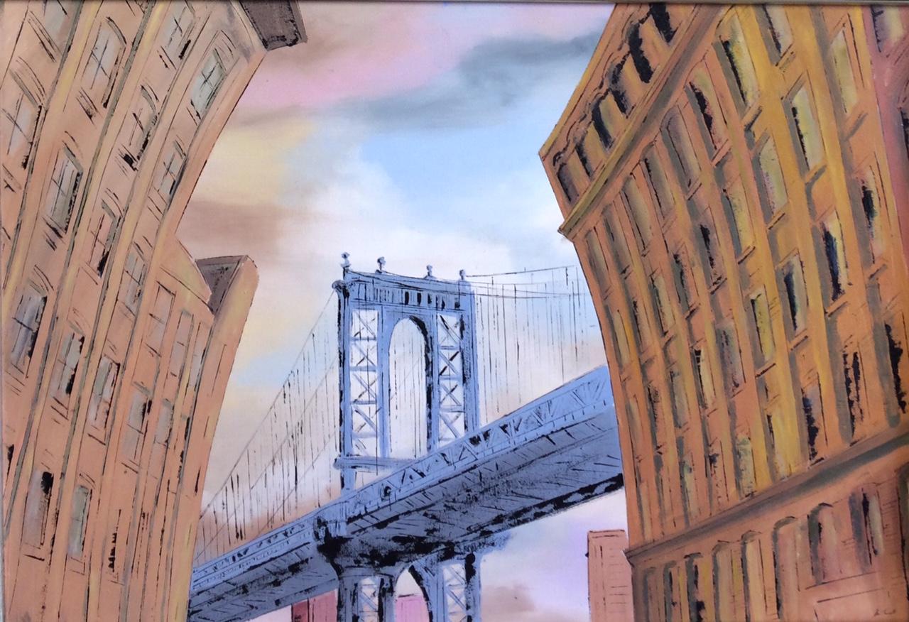 DUMBO, original 30x40 pop art New York City landscape - Painting by Jim Twerell