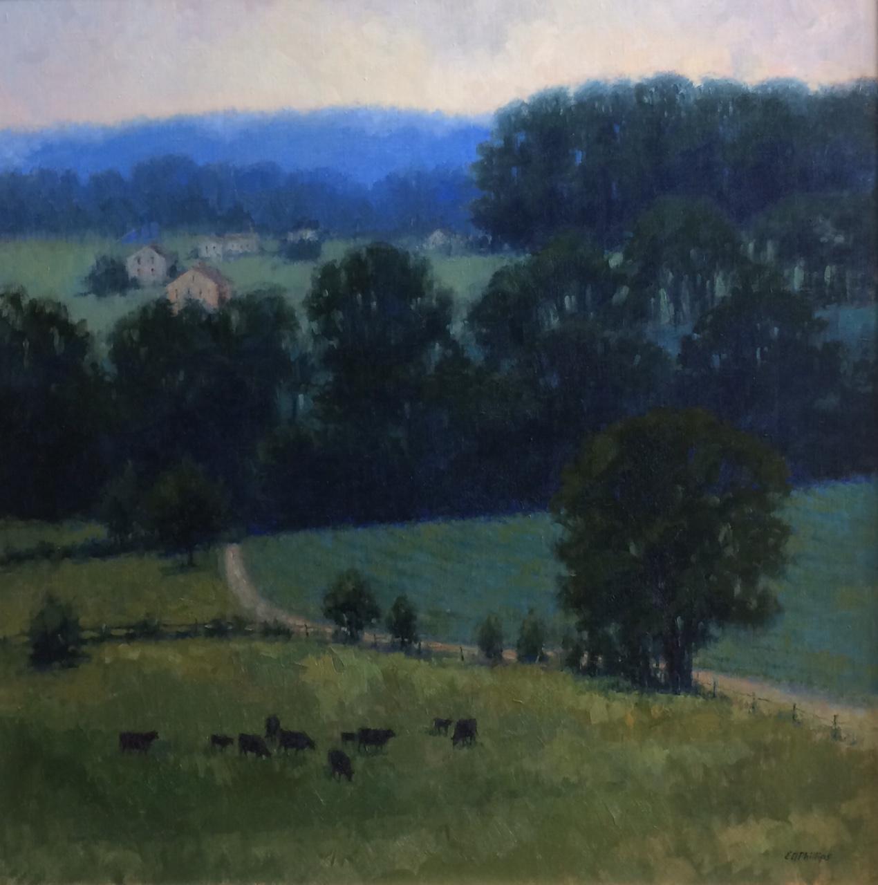 Twilight, original 36x36 impressionist landscape - Painting by Elise N. Phillips