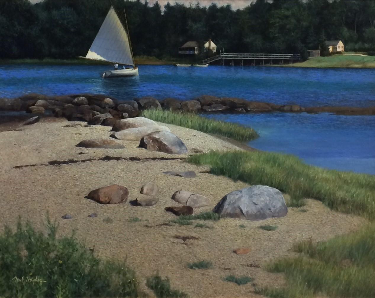 Breezy Afternoon, paysage marin impressionniste original 22x26 - Painting de Neal Hughes