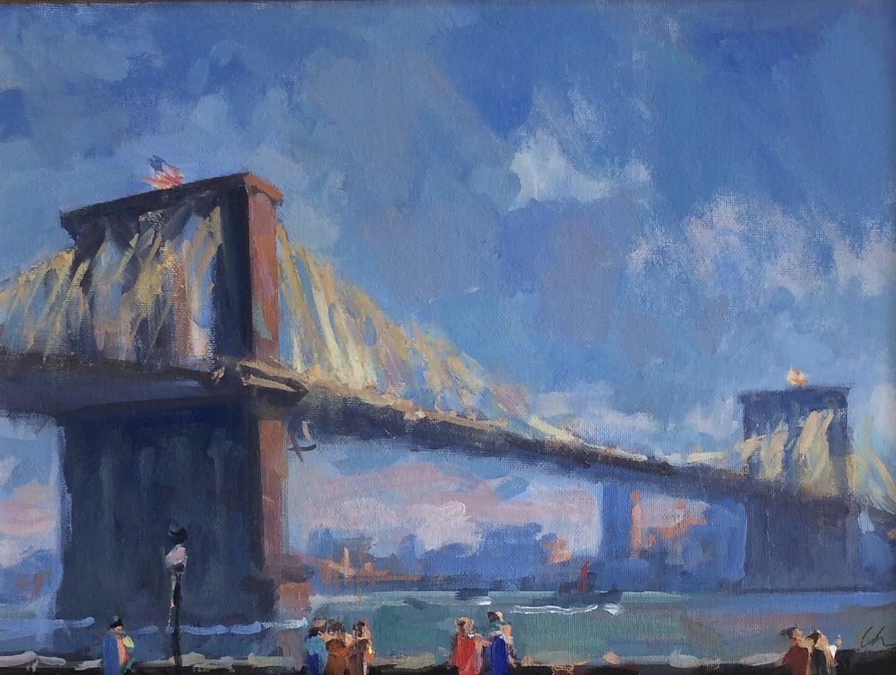 Golden Hour Brooklyn Bridge, original impressionist landscape - Painting by Lee Haber