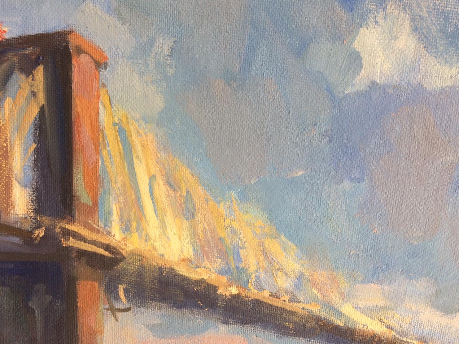 Another day, another New York City evening with the glow of the Brooklyn Bridge at the golden hour.  The Brooklyn Bridge is an iconic symbol of today's NYC while it remains equally important to residents of years past.  Artist Lee Haber captured the