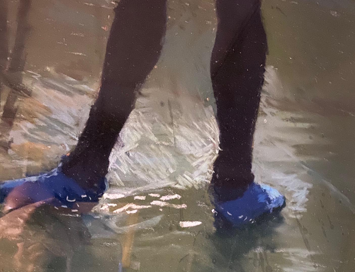 La passion suinte de cette peinture figurative originale iconique au pastel.  Les bas noirs se sont relâchés à cause des étirements et des routines de danse rigoureuses, tandis que certains des danseurs de ballet sont encore en train de se détendre,