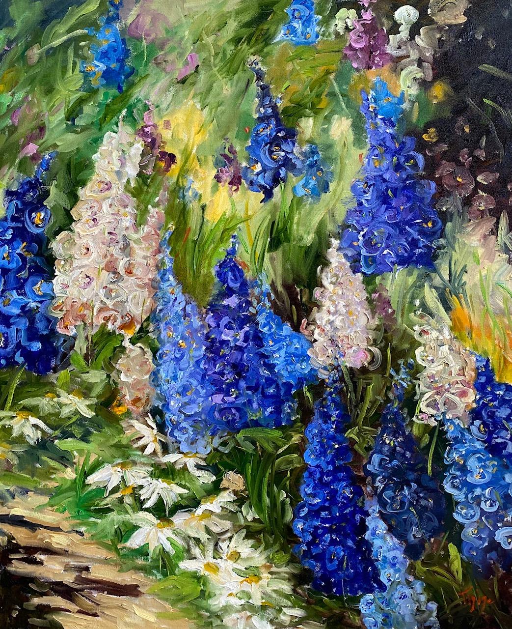 A Garden in Blue, 36x30 and Roses, original 24x30 - Painting by Doreen Tighe