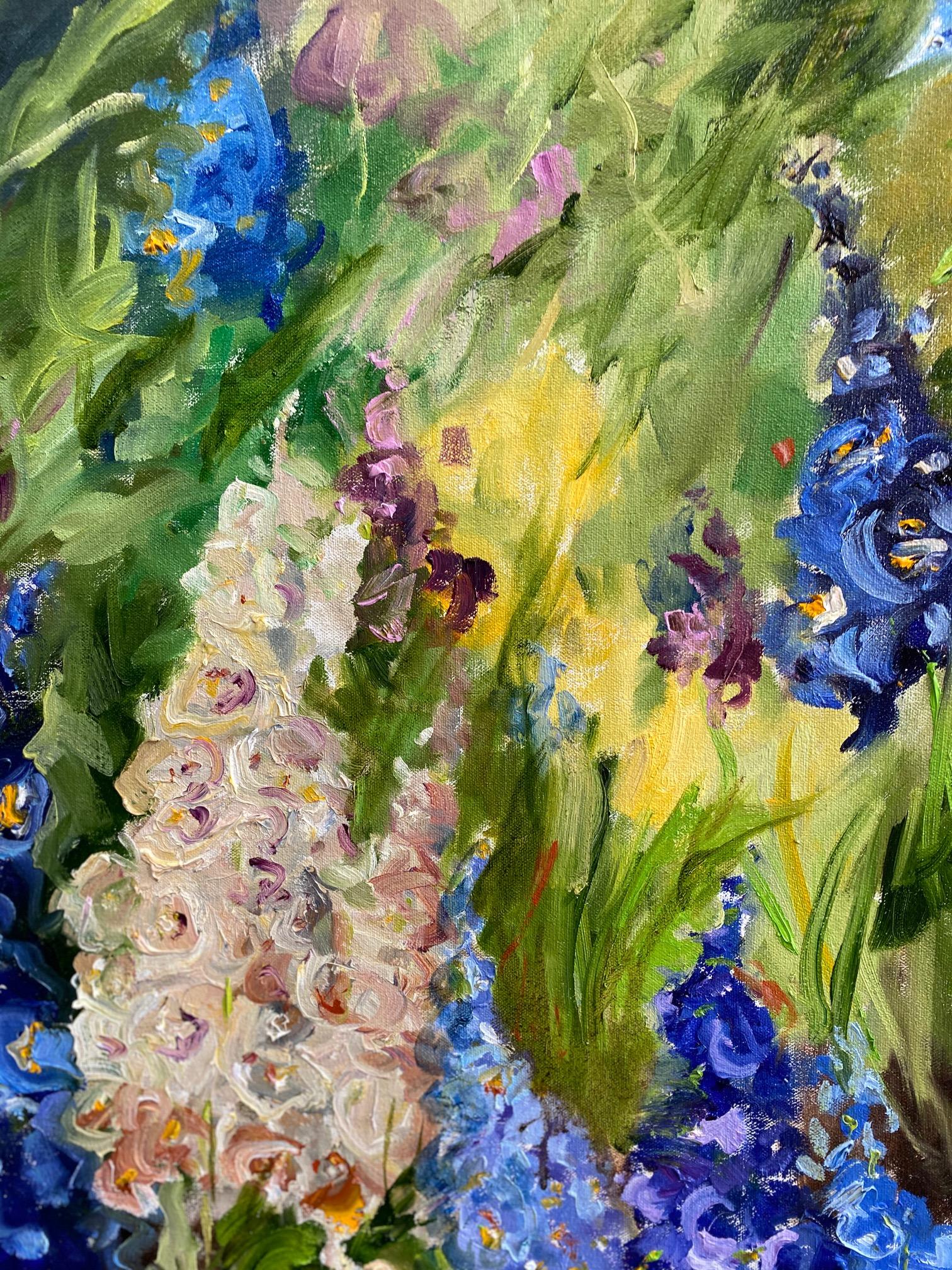 A Garden in Blue, 36x30 and Roses, original 24x30 - Black Landscape Painting by Doreen Tighe