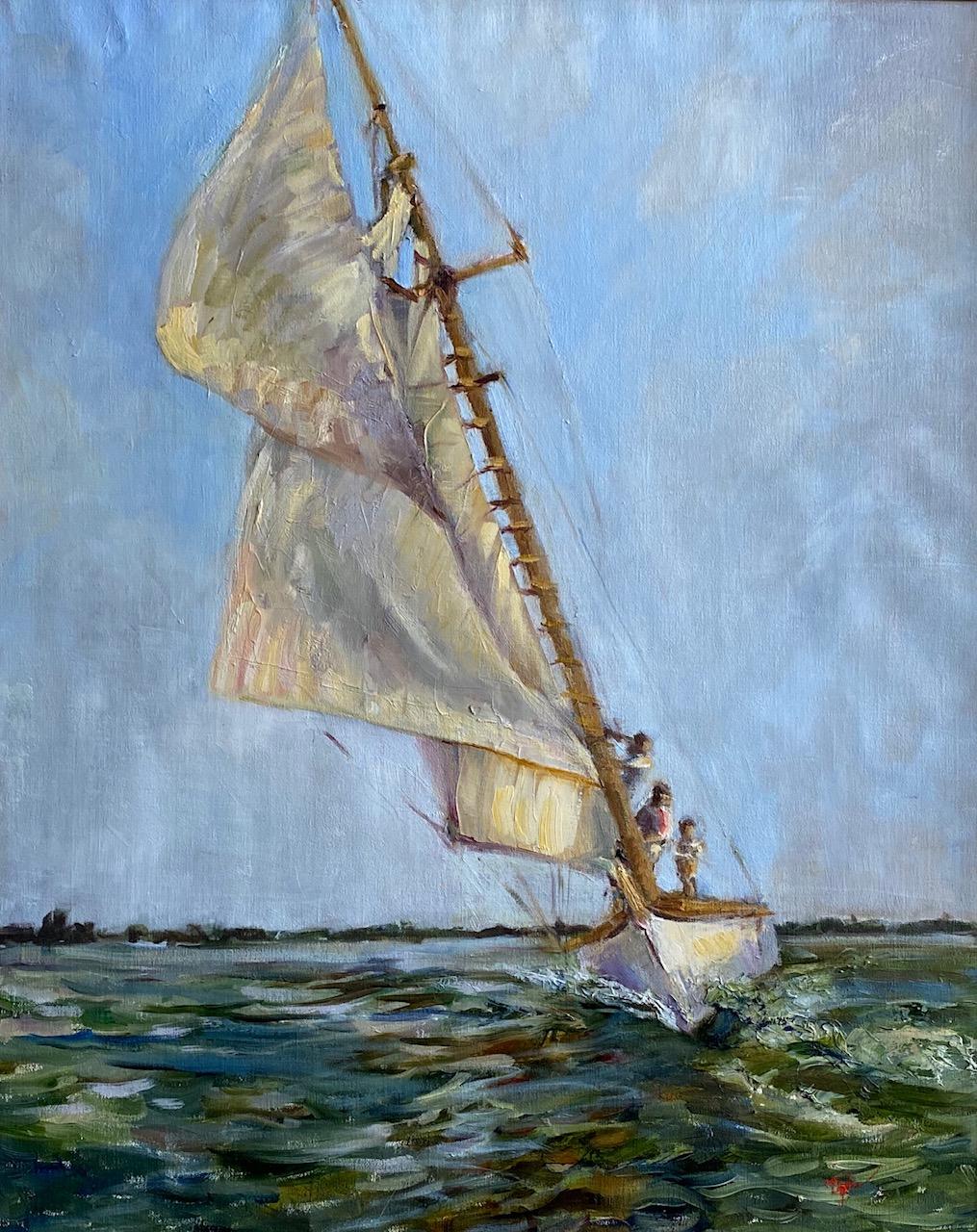 Sailing Bayside, original 30x24 impressionist marine landscape - Painting by Doreen Tighe