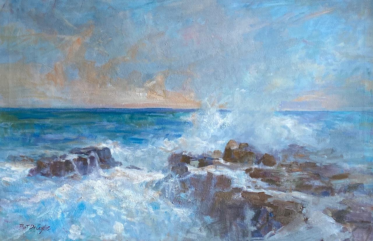 Crashing Waves, original 24x36 marine landscape - Painting by Bart DeCeglie