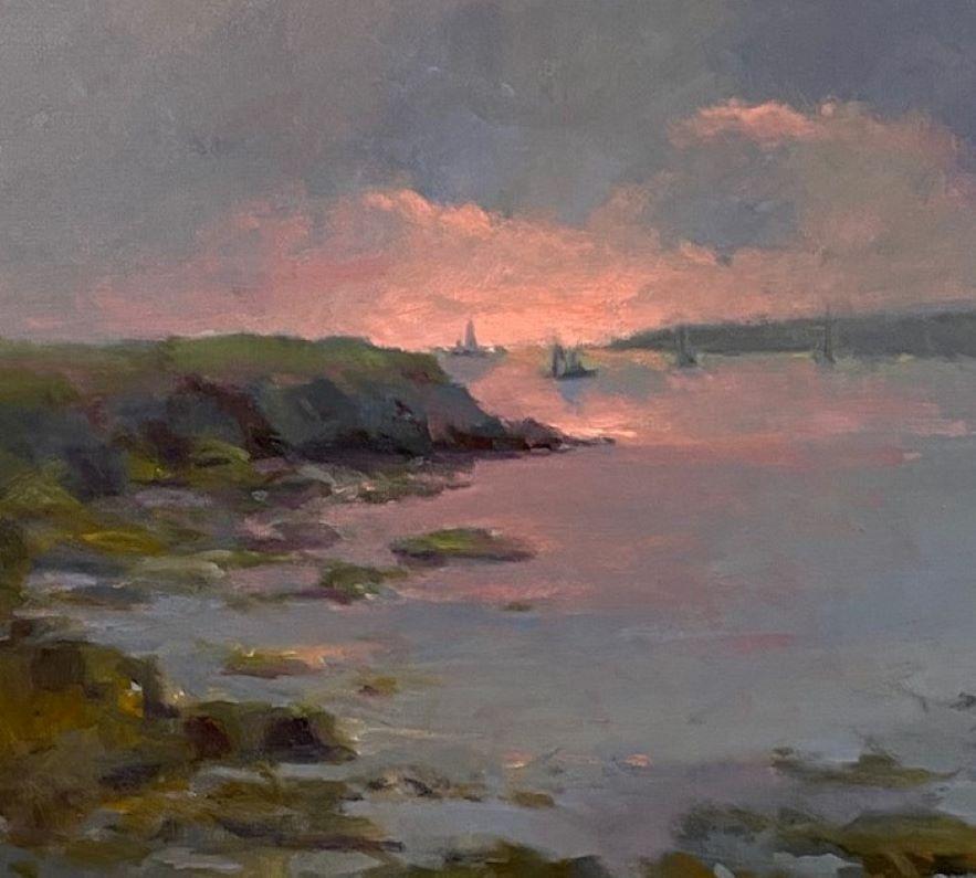 Pink Skies, original 30x36 marine landscape - Painting by Robert Waltsak