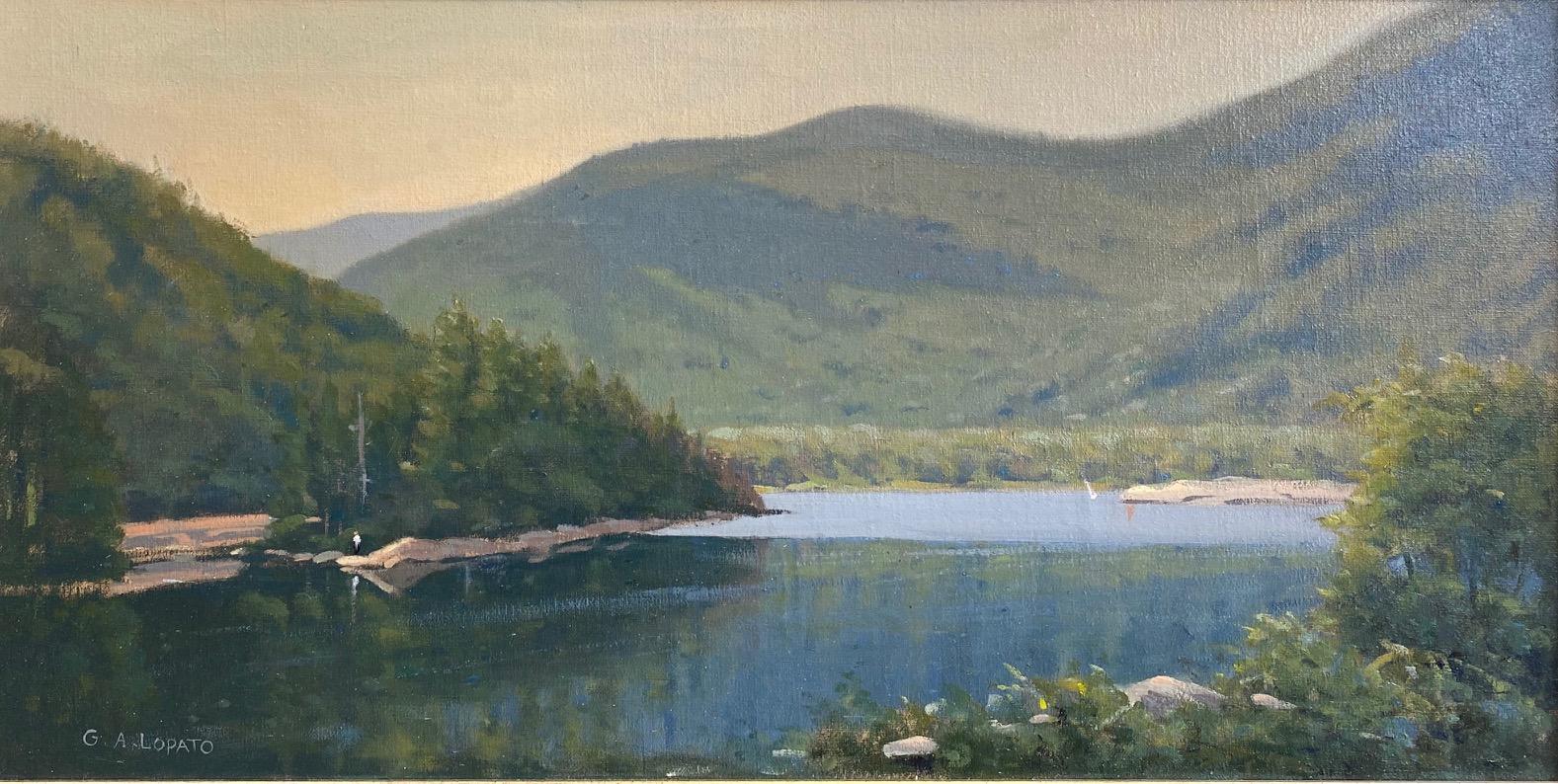 Vermont Lake, original 18x36 impressionist landscape - Painting by Gerald Lopato
