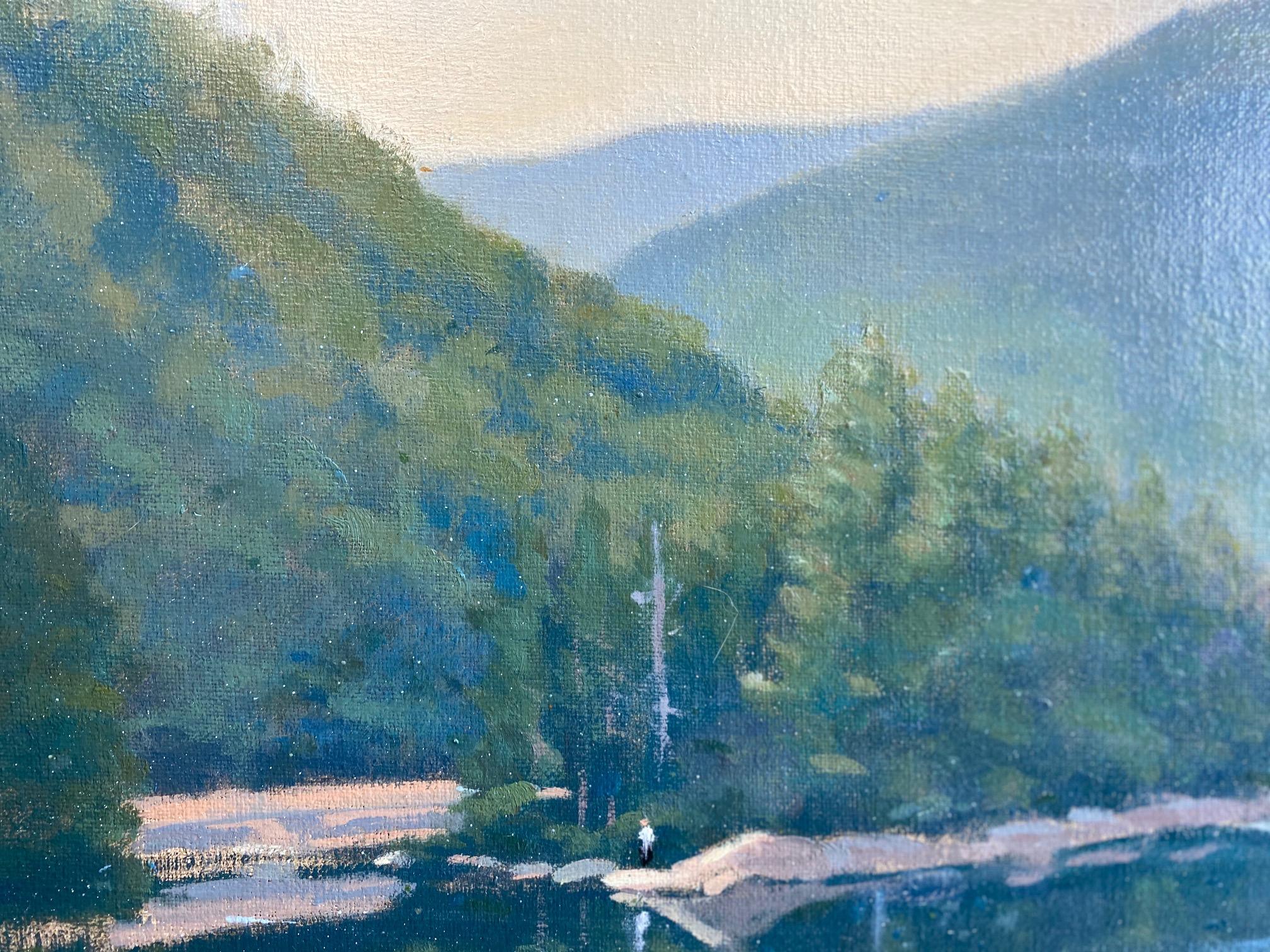 Vermont Lake, original 18x36 impressionist landscape - Impressionist Painting by Gerald Lopato