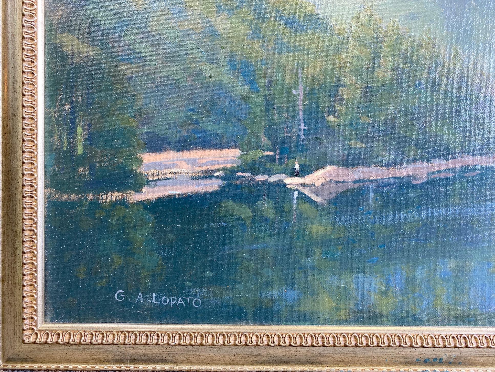Vermont Lake, original 18x36 impressionist landscape - Gray Landscape Painting by Gerald Lopato