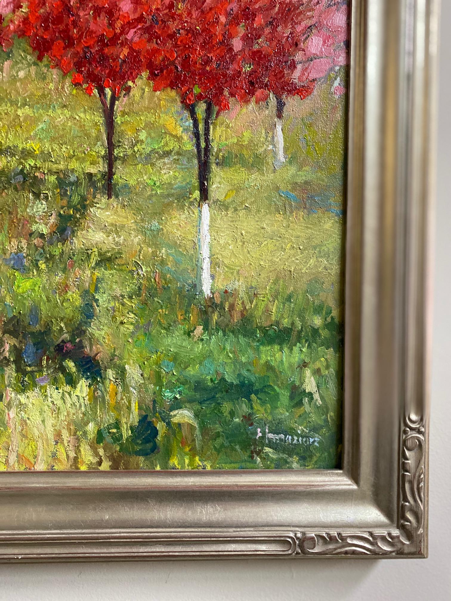 The parade of red flowering trees feel like an antique red velvet with their plush red flowers and mixture of red color values. Their shapes add to the sumptuous feeling they lend to the entire expressionist landscape.  Polish American artist Eugene