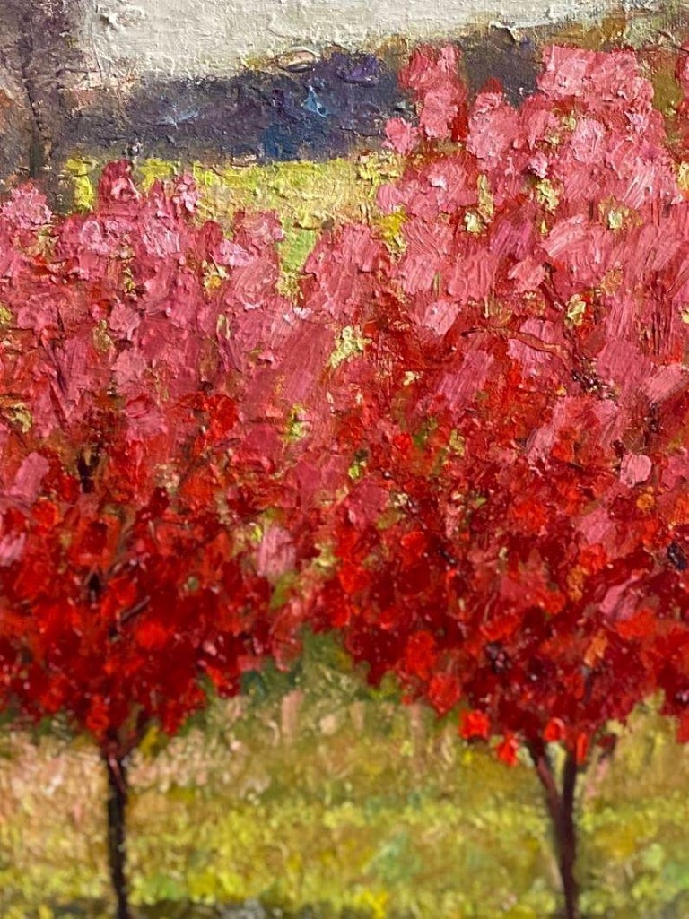 The parade of red flowering trees feel like an antique red velvet with their plush red flowers and mixture of red color values. Their shapes add to the sumptuous feeling they lend to the entire expressionist landscape.  Polish American artist Eugene