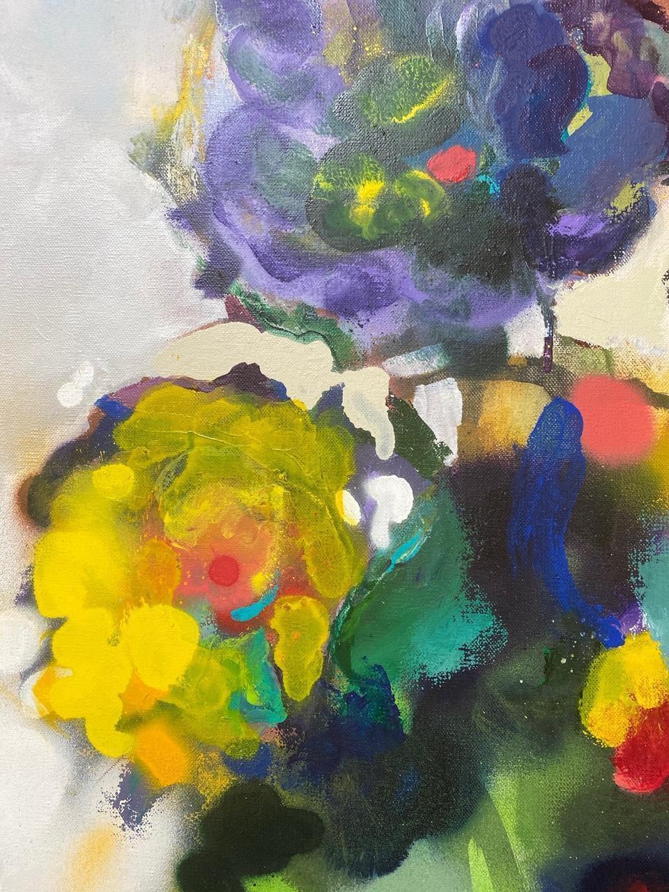 Rare indeed is an abstract expressionist still life acrylic work of art!  Wild flowers bring the freshness of the garden forever into the home, while the black and white orientation of this original painting  by internationally trending artist Carol