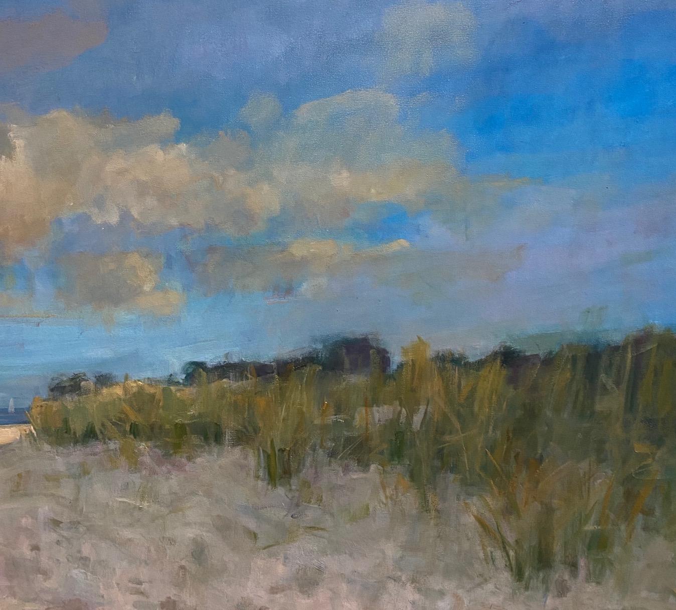 Beach in Midsummer, original 36x48iimpressionist marine landscape - Blue Landscape Painting by Bart DeCeglie
