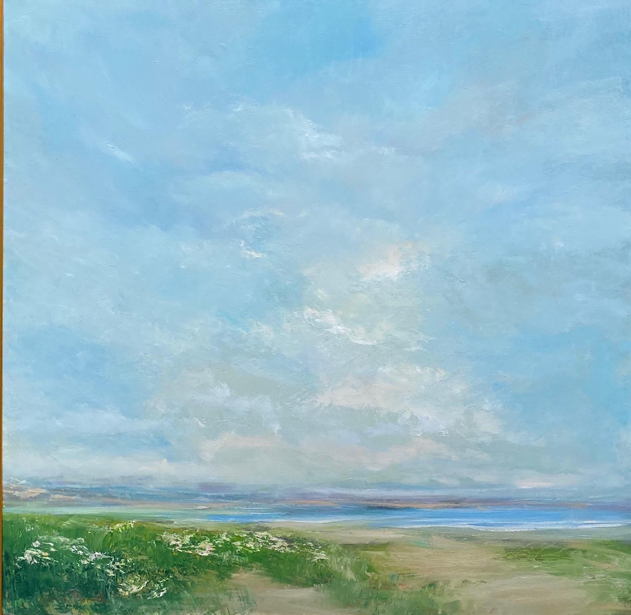 White Statice by the Sea, original 36x36 contemporary marine landscape - Painting by Karen Ponelli