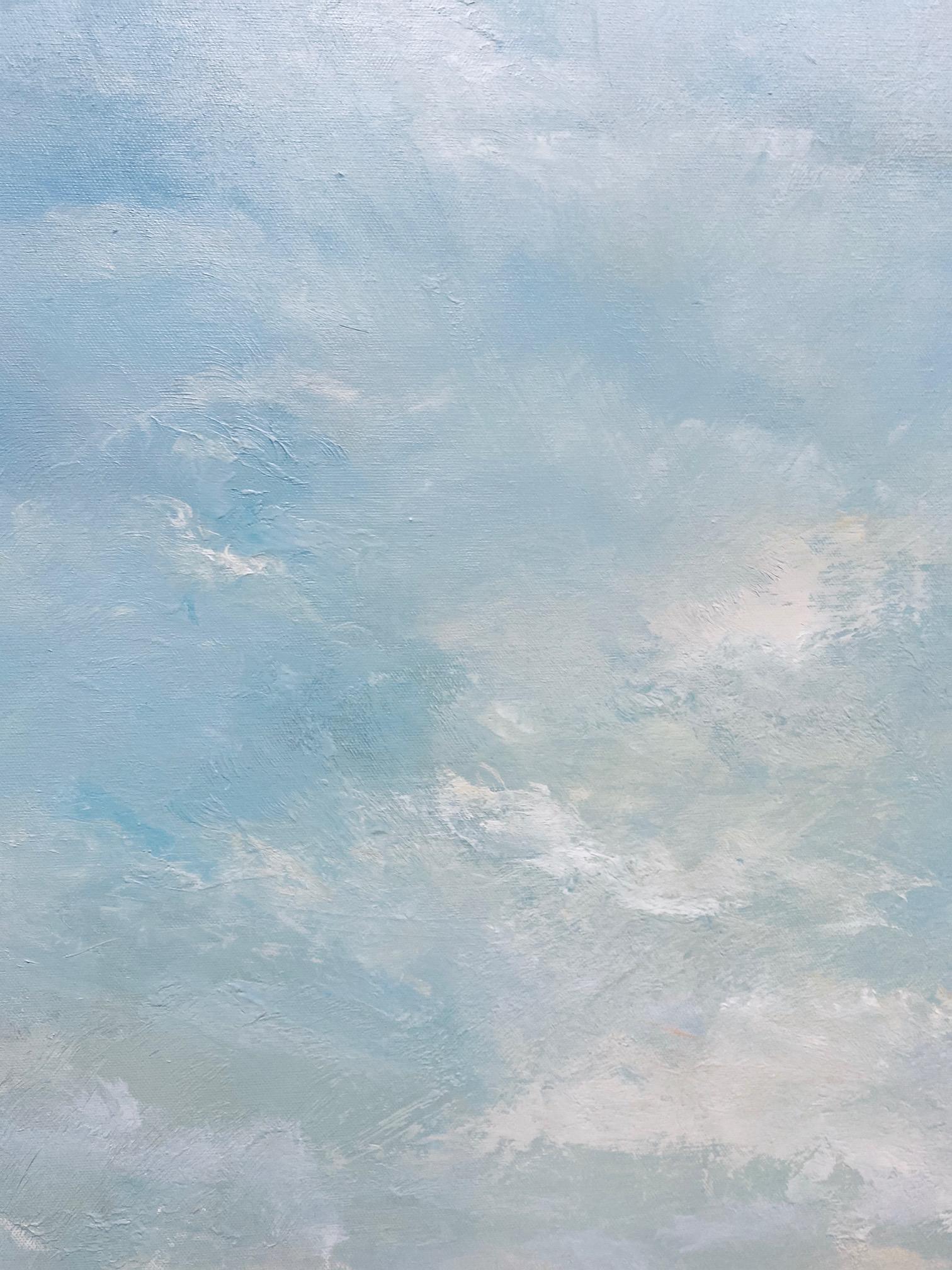 White Statice by the Sea, original 36x36 contemporary marine landscape - Blue Abstract Painting by Karen Ponelli