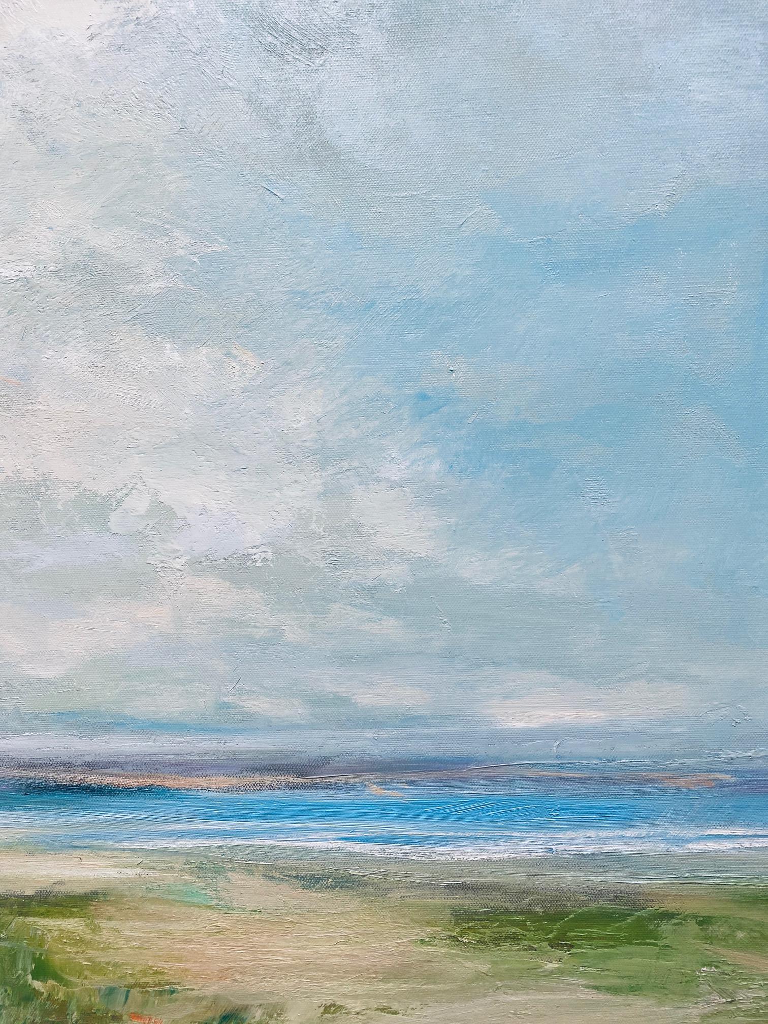 The contrast between the delicate white statice growing along the dunes and the powerful pull of the sea, even on a quiet day with calm tide, captures the imagination.  This 36x36 contemporary marine landscape offers the  feelings of  soft summer