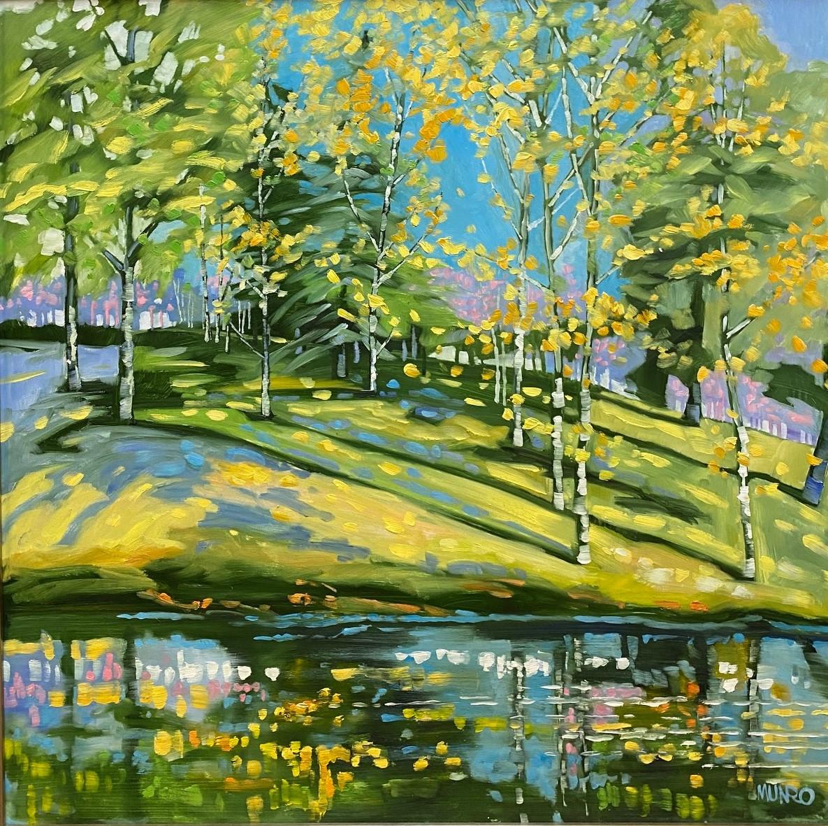 Mingling Birches, original 36x36 expressionist landscape - Painting by Judy Munro