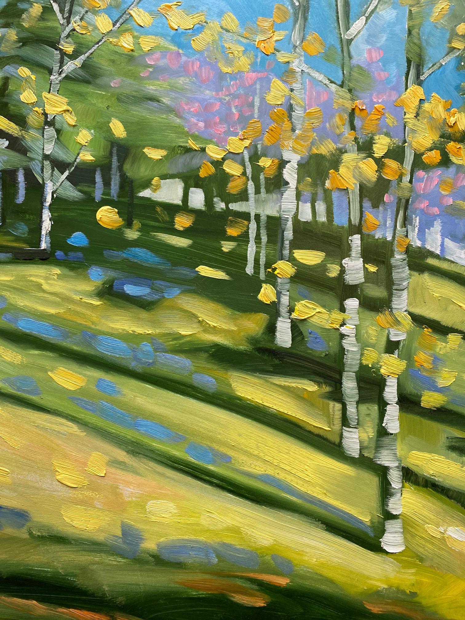 Mingling Birches, original 36x36 expressionist landscape - Expressionist Painting by Judy Munro