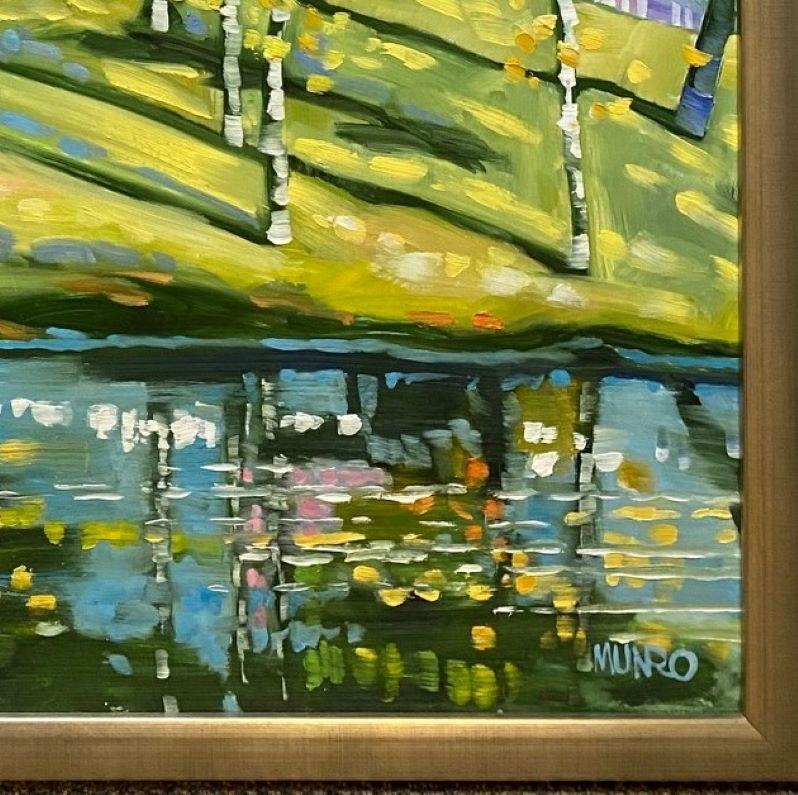 Set upon the riverbed, awash with joyous colors of turquoise, yellow, pinks, greens and blues, the blooming trees of assorted species mingle under the bright and nurturing sun in this expressionist original 36x36 oil painting.  The representational