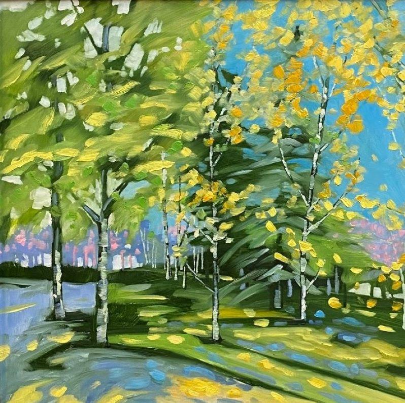 Mingling Birches, original 36x36 expressionist landscape - Brown Landscape Painting by Judy Munro