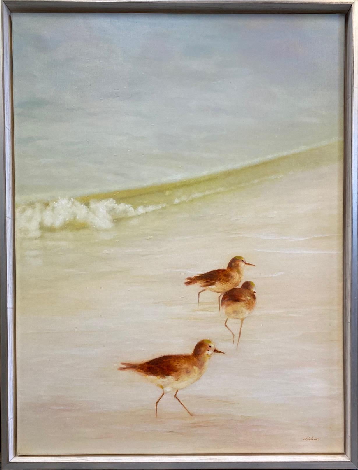 Chieh-Nie Cherng Animal Painting - Sandpipers, original 40x30 contemporary marine landscape