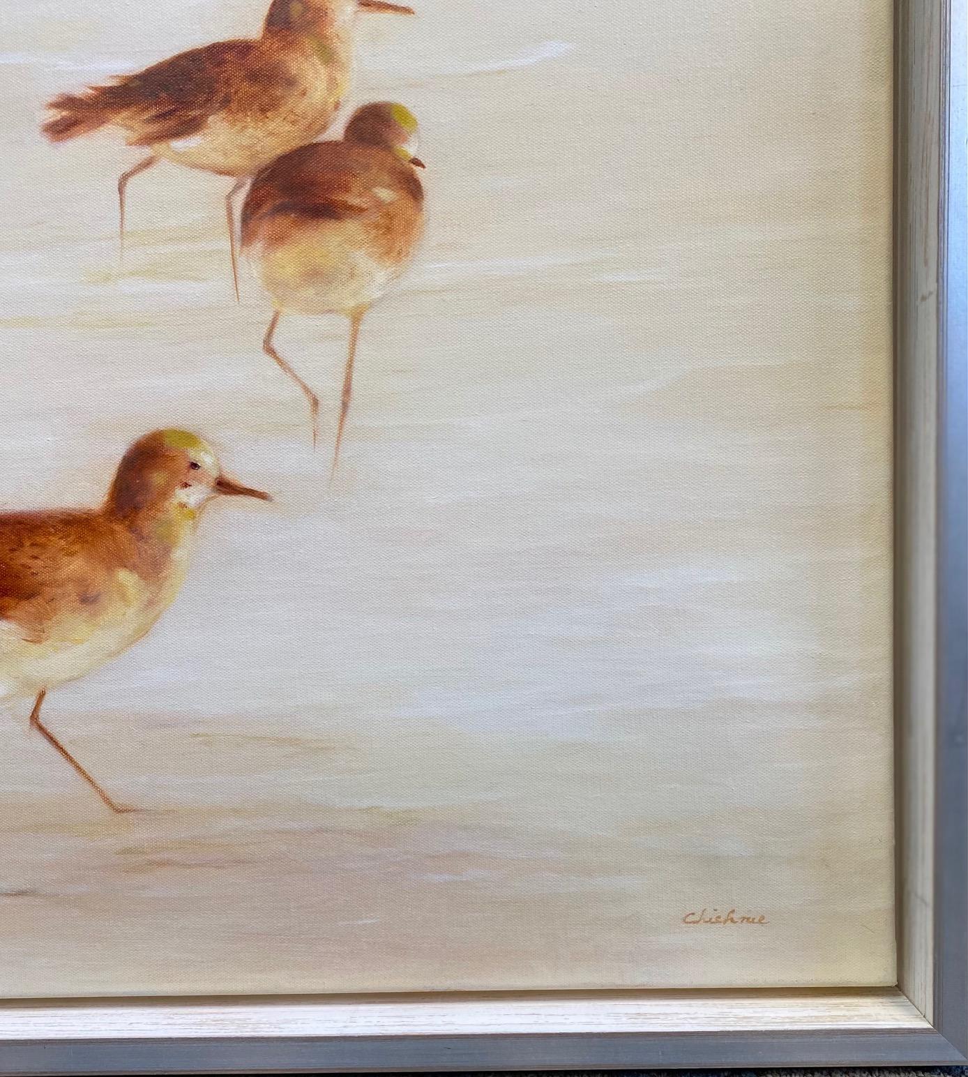 Sandpipers, original 40x30 contemporary marine landscape - Gray Animal Painting by Chieh-Nie Cherng