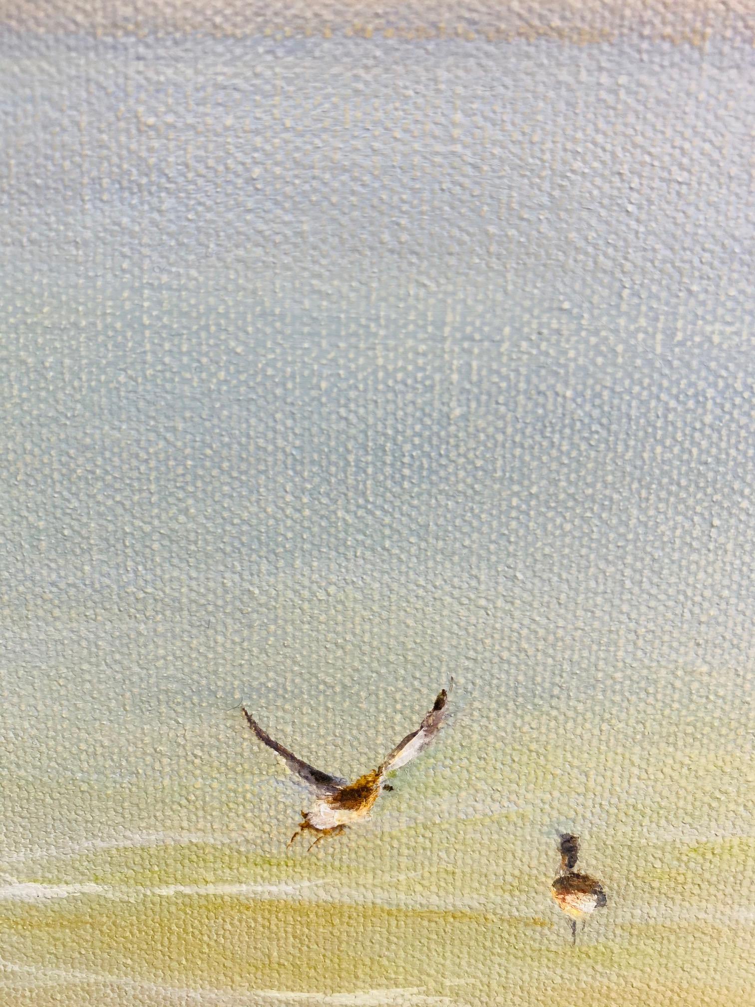 Seagulls in Flight, original 16x40 contemporary marine landscape - Contemporary Painting by Chieh-Nie Cherng