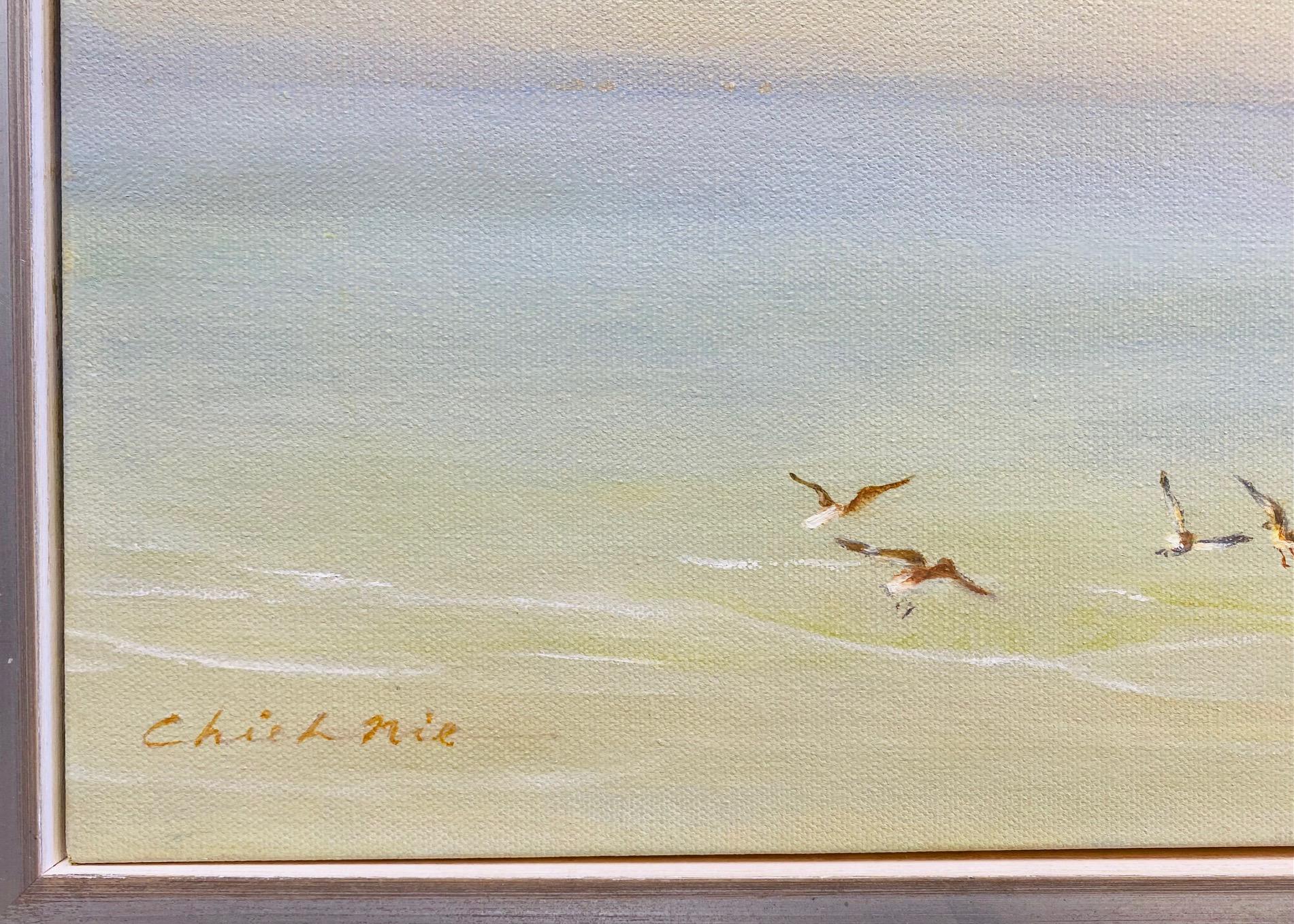 Peace and pristine natural beauty abounds in these seagulls in flight, gliding across the multicolored sky in this contemporary marine landscape.  The aquamarine sky is penetrated by the yellow sun rays but nothing can upstage the grace of a colony