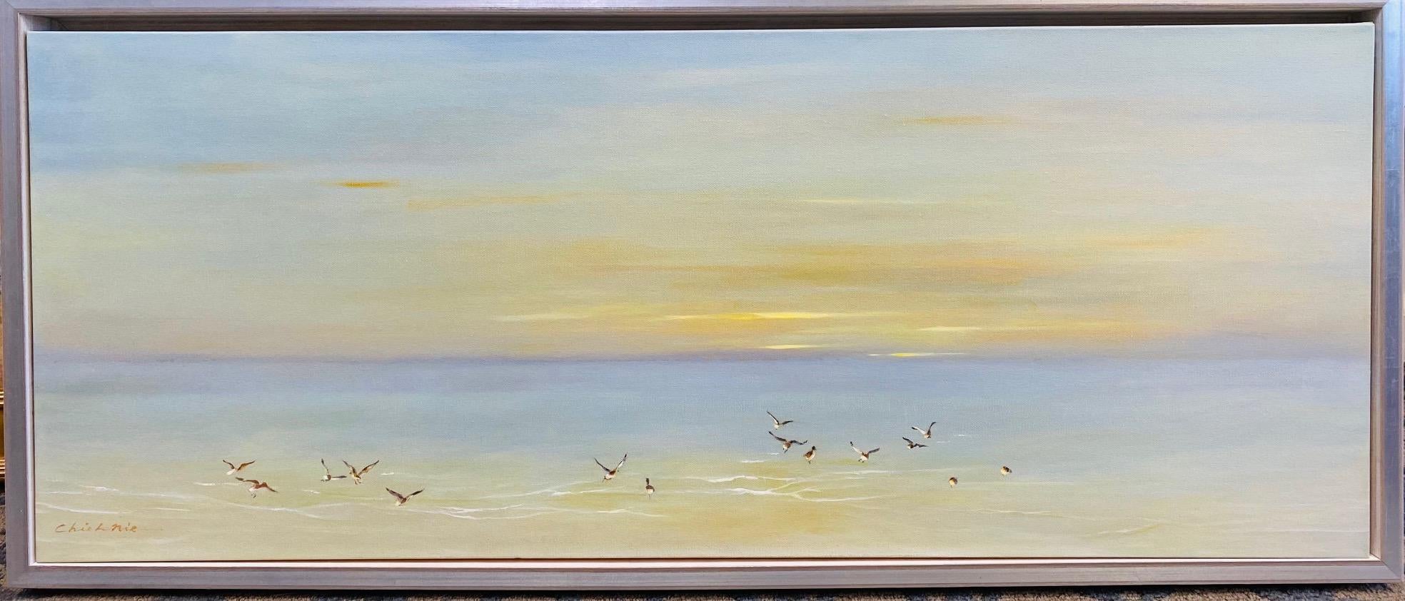 Chieh-Nie Cherng Animal Painting - Seagulls in Flight, original 16x40 contemporary marine landscape