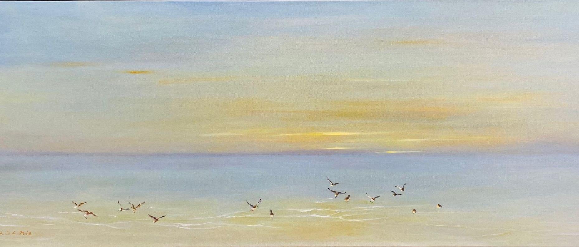 Seagulls in Flight, original 16x40 contemporary marine landscape - Painting by Chieh-Nie Cherng