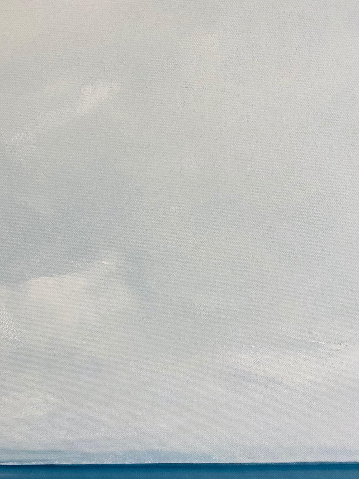 Seascape No. 223-AL is a 60x48 contemporary marine landscape oil painting on canvas featuring gentle cloud movement, a warm breeze and calm waters with white bulbous clouds that appear to be picking up speed as they float through the soft blue