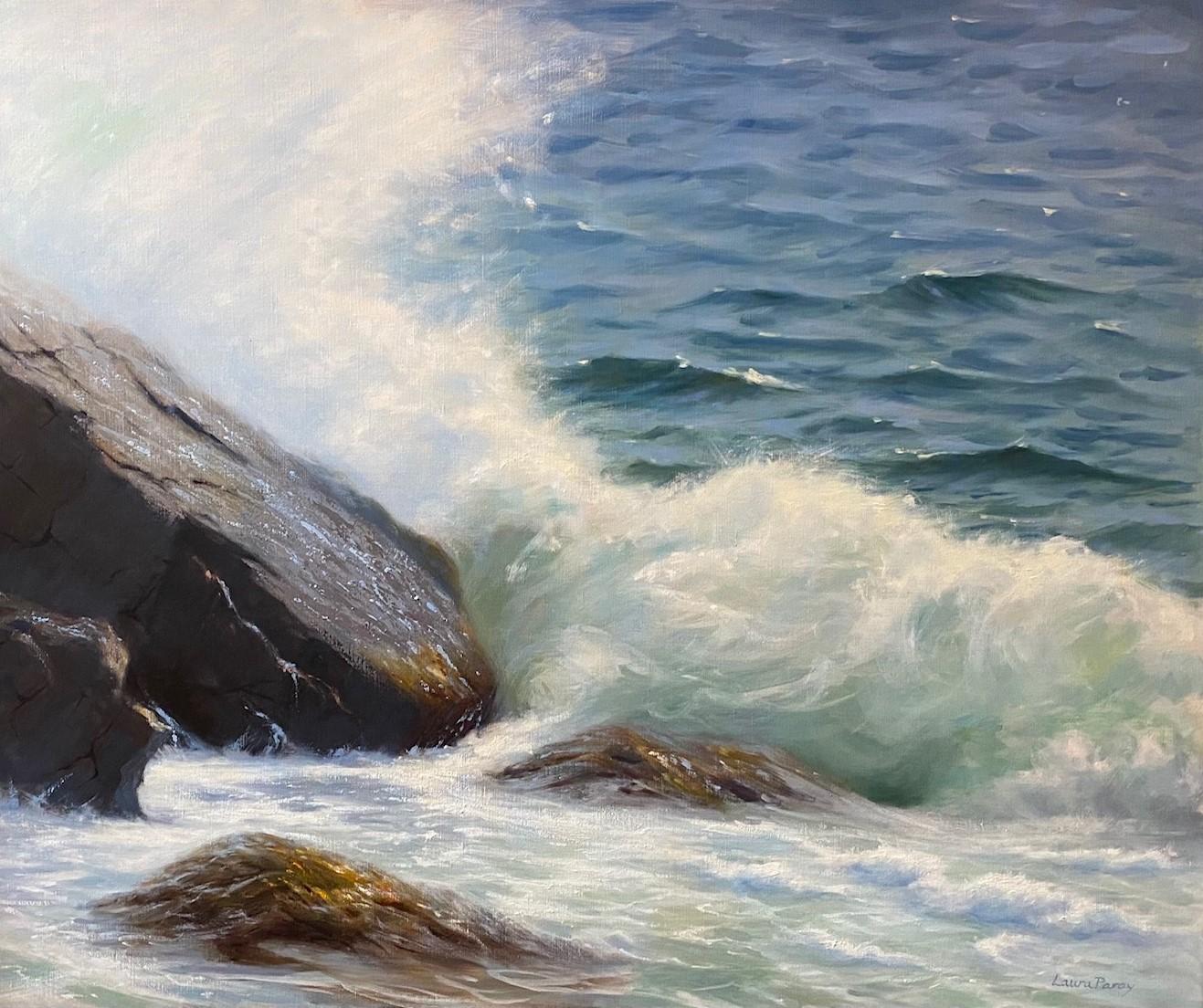 Roaring Waters, original 30x36 impressionist marine landscape - Painting by Laura Paray