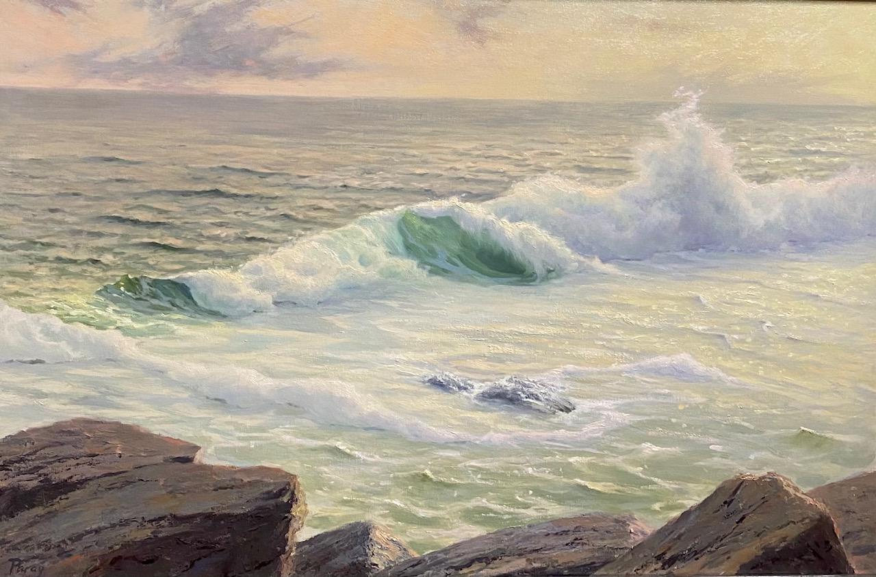 Golden Surf, paysage marin original 20x30 - Painting de Laura Paray