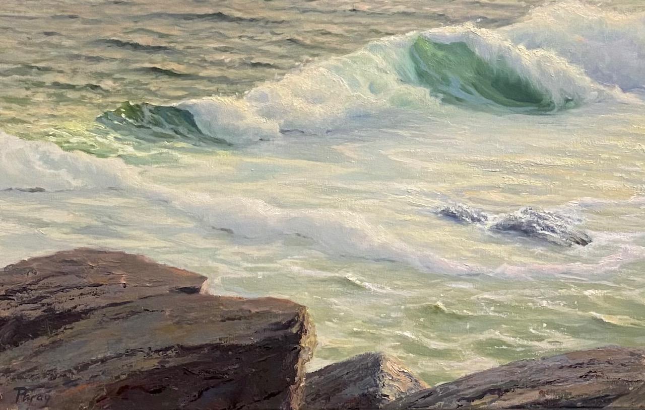 Golden Surf, paysage marin original 20x30 - Impressionnisme Painting par Laura Paray