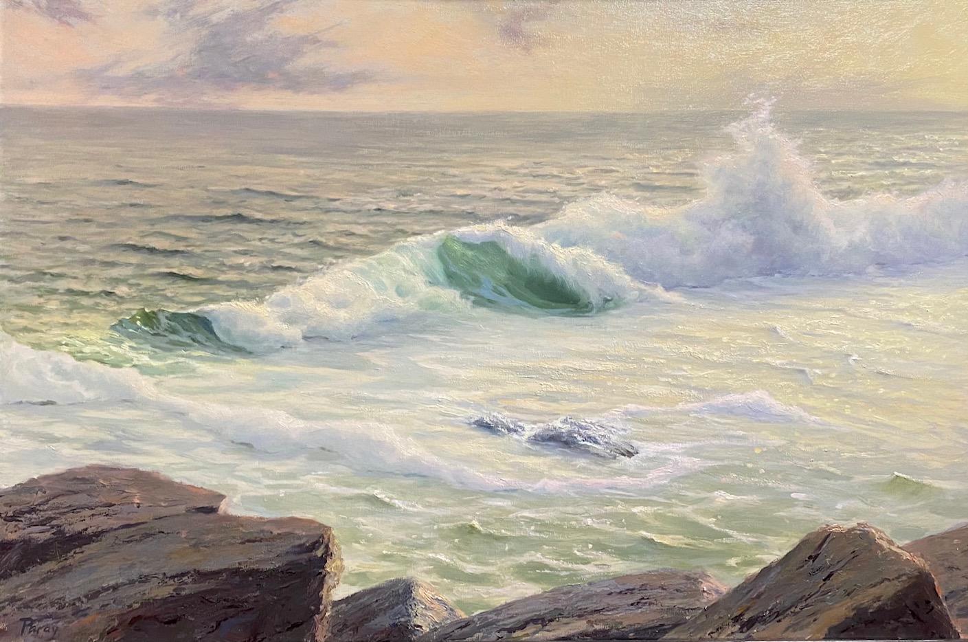 Golden Surf, paysage marin original 20x30 - Marron Landscape Painting par Laura Paray