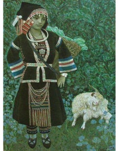 Vintage Guang Tingbo "Sheep Tending Girl" T0010 Oil on Canvas, Coa from the Artist
