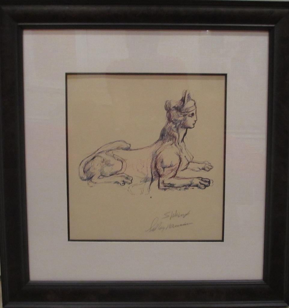 Artist:       Leroy Neiman

Title:         Sphinx

Unframed Dimensions:   13" x 12"

Framed Dimensions: 24" x 23"

Edition Size:  Pen and Ink

Hand Signed by Leroy Neiman
LeRoy Neiman American Artist: b. 1921-2012. For the last 50 years, LeRoy